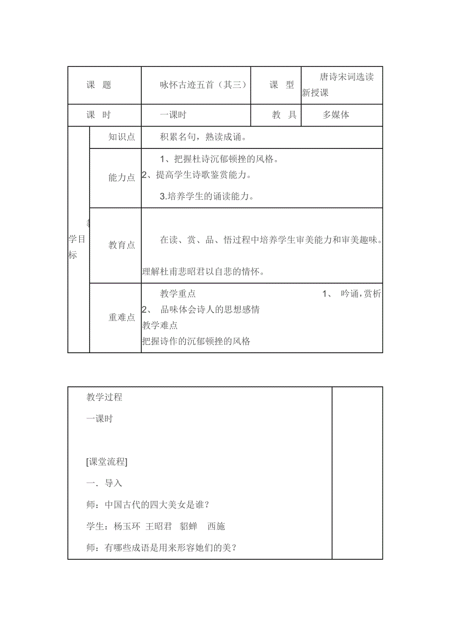 2018-2019学年苏教选修唐诗宋词选读 咏怀古迹五首（其三） 教案３_第1页