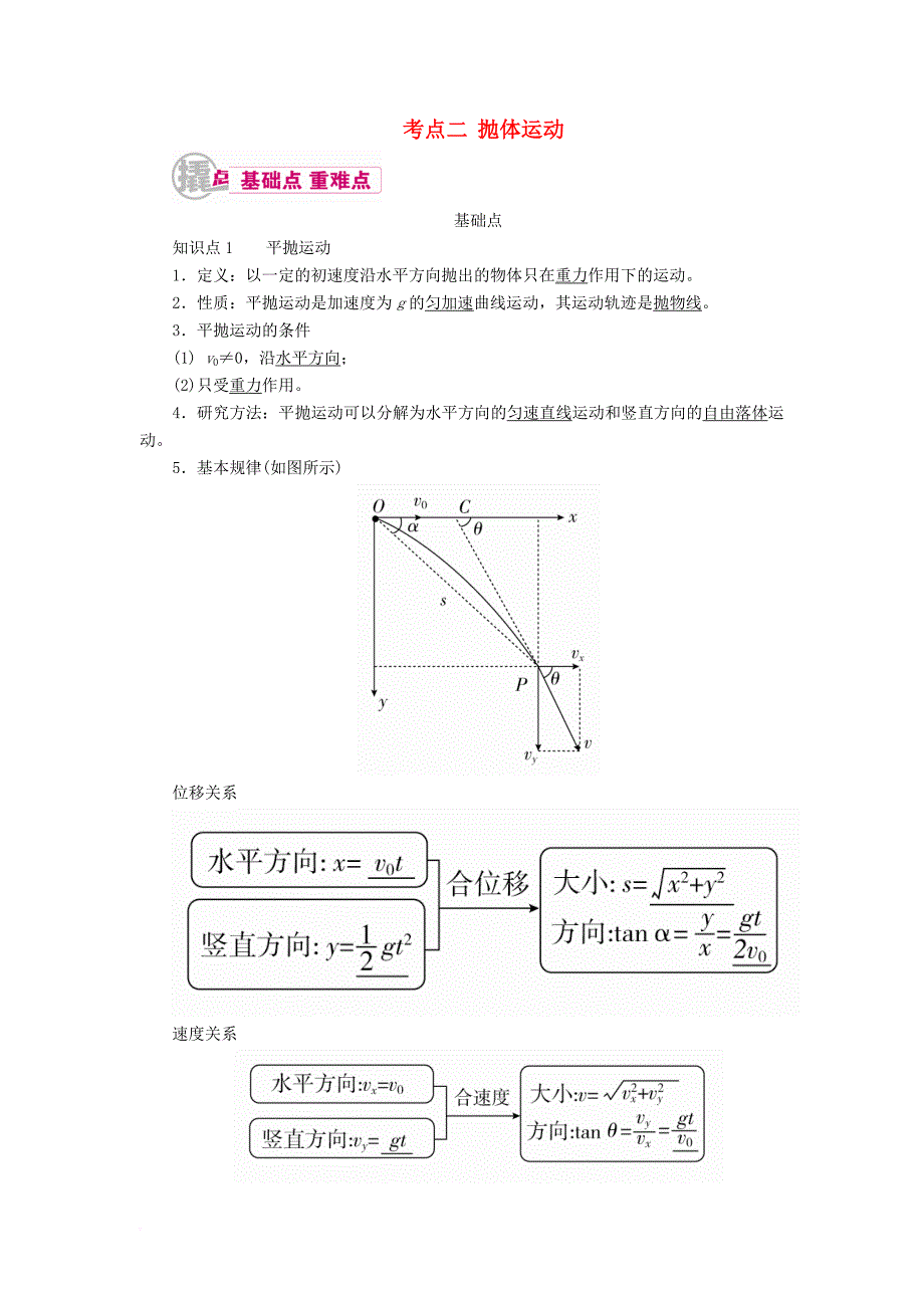 高考物理一轮复习 专题四 曲线运动 考点二 抛体运动教学案（含解析）_第1页