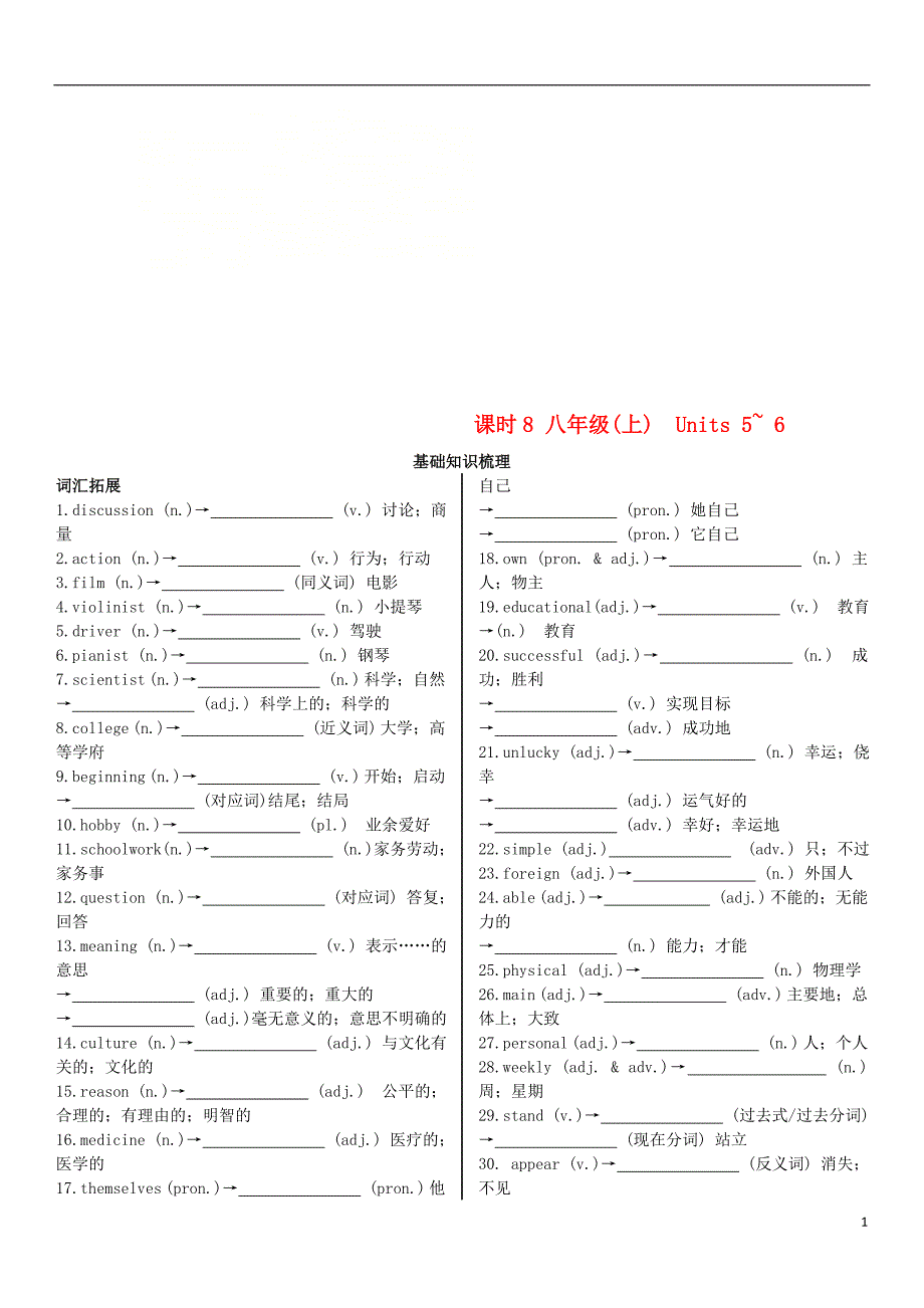 陕西省2019中考英语复习 知识梳理 课时8 八上 units 5-6（基础知识梳理）检测_第1页