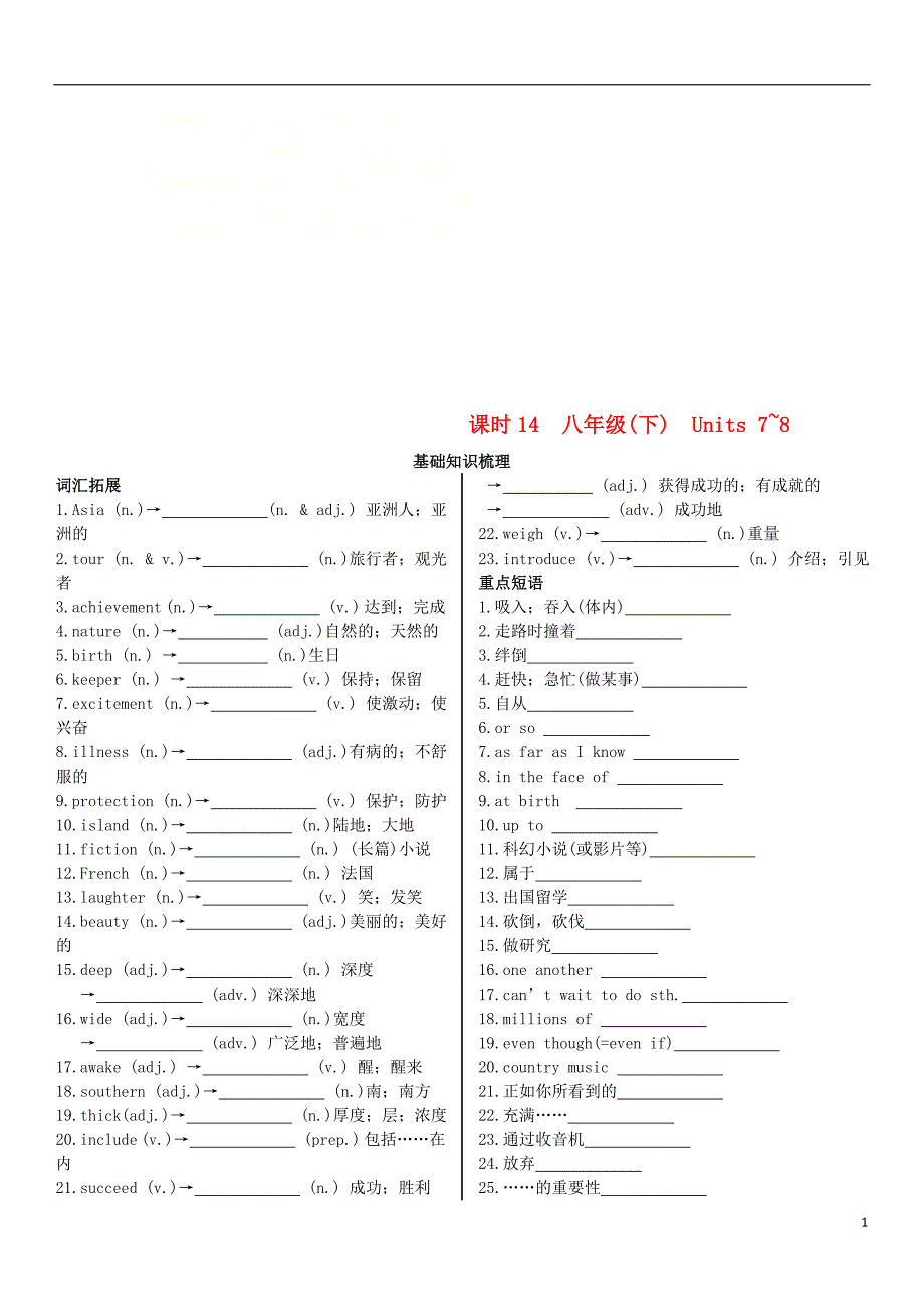 陕西省2019中考英语复习 知识梳理 课时14 八下 units 7-8（基础知识梳理）检测_第1页