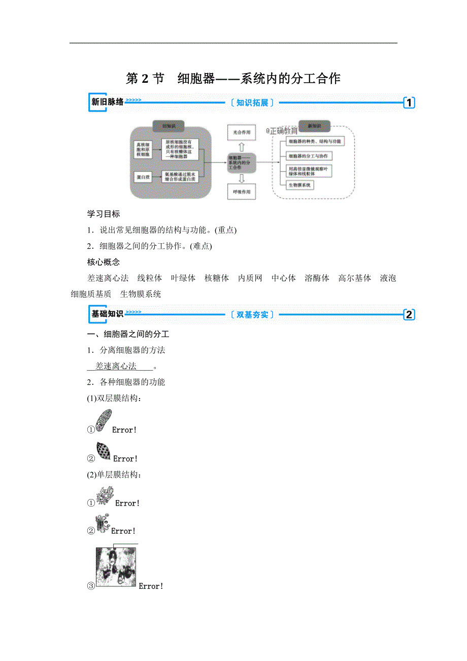 2018-2019学年高一生物人教版必修1学案：第3章 细胞的基本结构 第2节 细胞器—系统内的分工合作_第1页