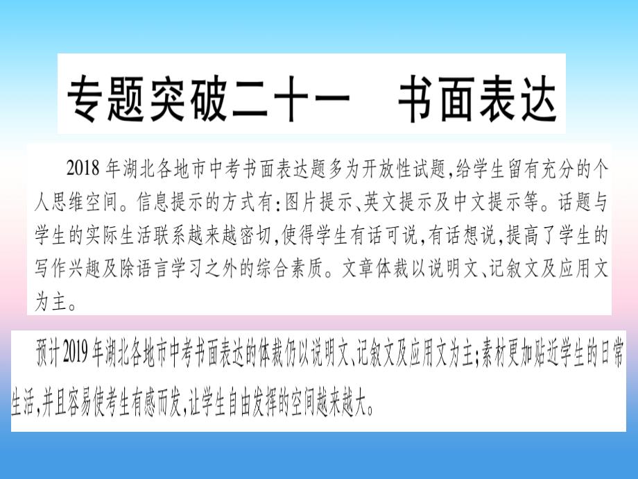 （湖北专用版）2019版中考英语复习 第二篇 中考专题突破 第二部分 重点题型专题 专题突破21 书面表达课件_第1页