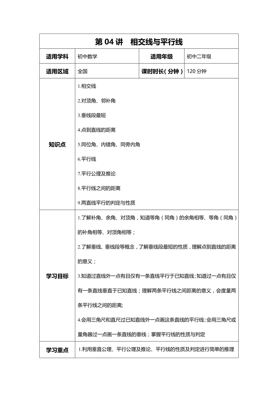 初二数学第四讲相交线与平行线(学案)_第1页