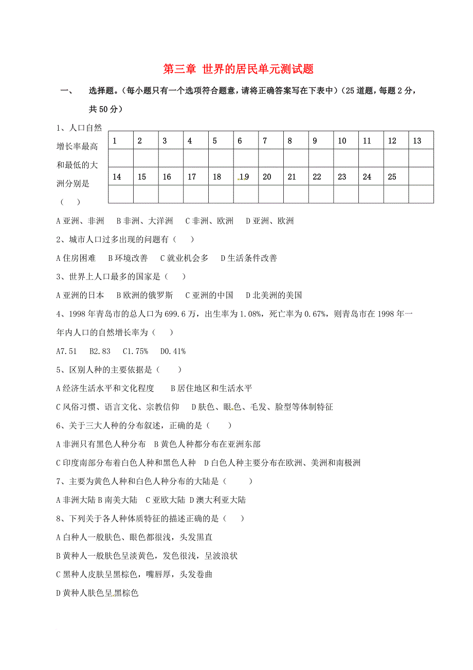 七年级地理上册 第三章 世界的居民单元测试题（无答案） 湘教版_第1页