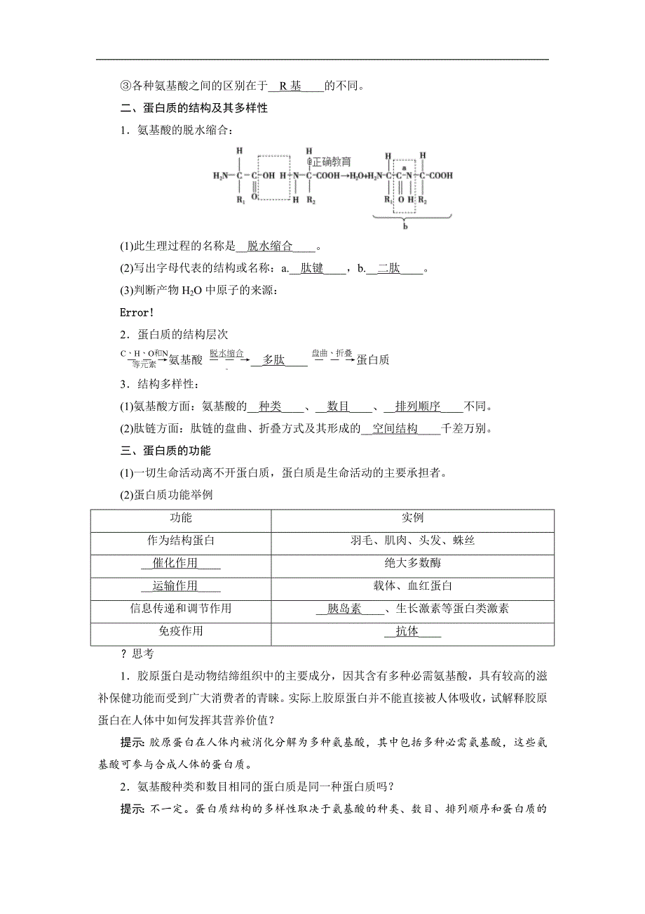 2018-2019学年高一生物人教版必修1学案：第2章 组成细胞的分子 第2节 生命活动的主要承担者—蛋白质_第2页