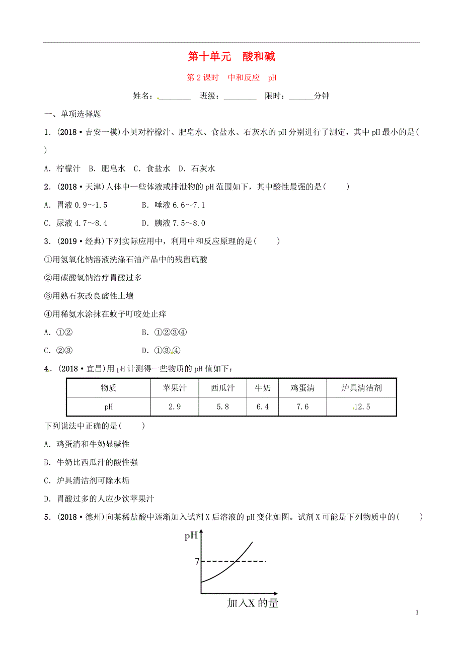 （江西专版）2019年中考化学总复习 教材突破 第十单元 酸和碱 第2课时 中和反应 ph练习（含新题）_第1页