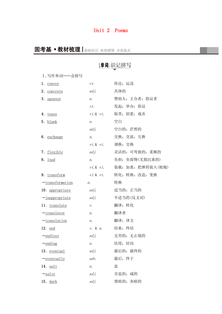 高考英语一轮复习第1部分基础知识解读unit2poems教师用书新人教版选修6_第1页