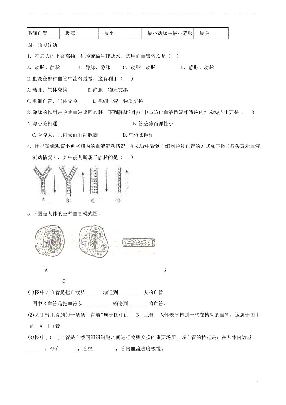 七年级生物上册 4.4.2物质运输的管道——血管导学案（无答案） 鲁科版五四制_第3页