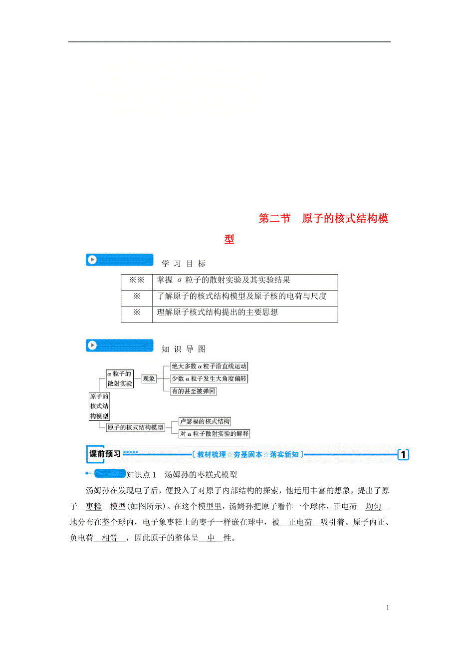 （全国通用版）2018-2019高中物理 第十八章 原子结构 第二节 原子的核式结构模型学案 新人教版选修3-5_第1页