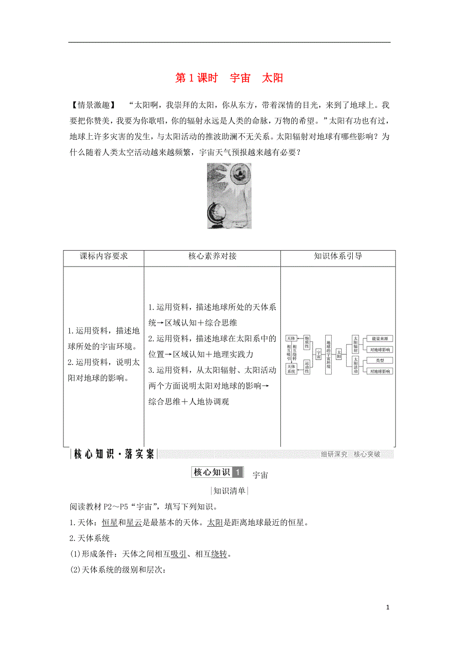 2018-2019版高中地理 第一单元 从宇宙看地球 第一节 宇宙 太阳 第1课时学案 鲁教版必修1_第1页