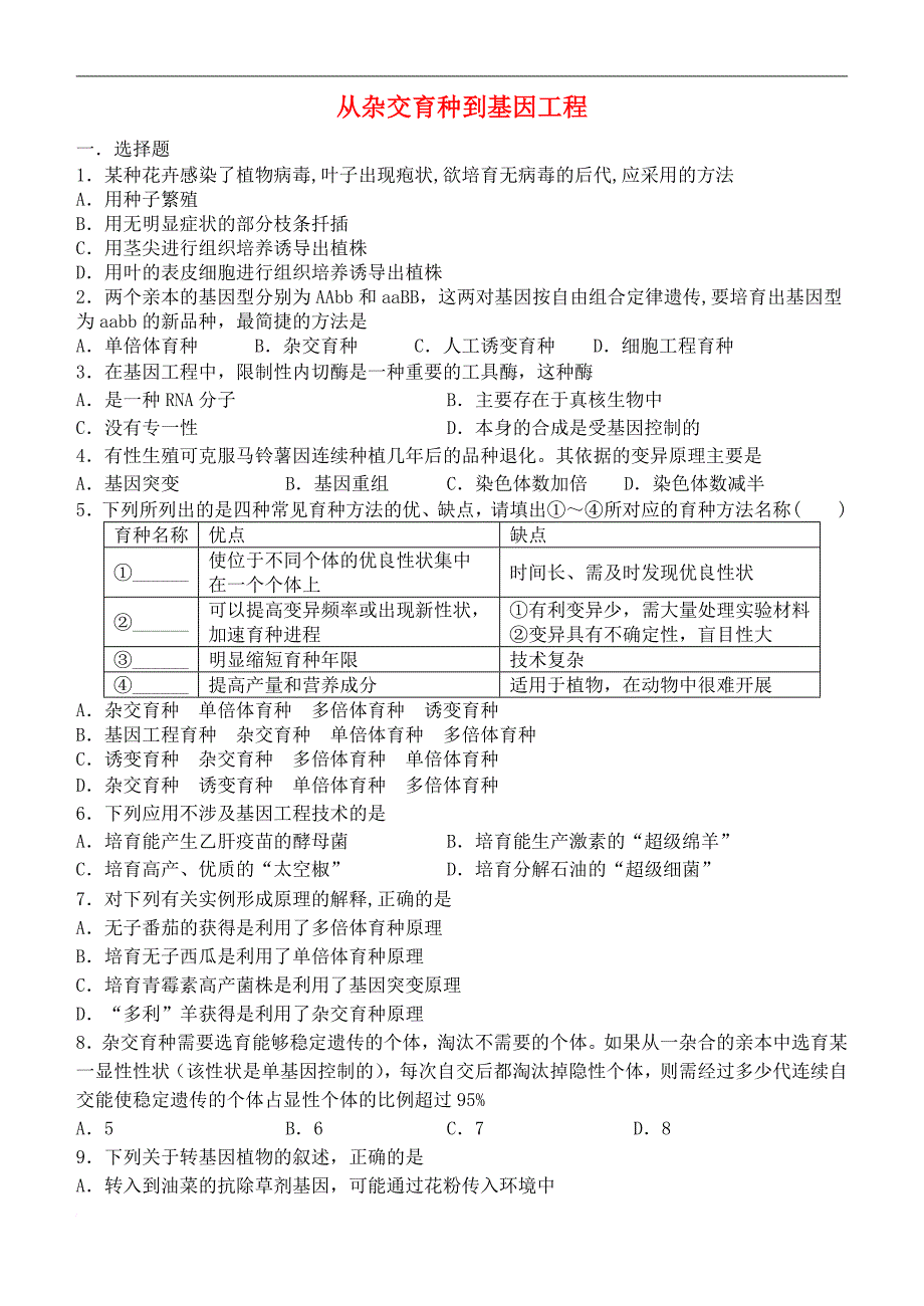 高考生物一轮复习 育种及基因工程同步检测（必修2）_第1页