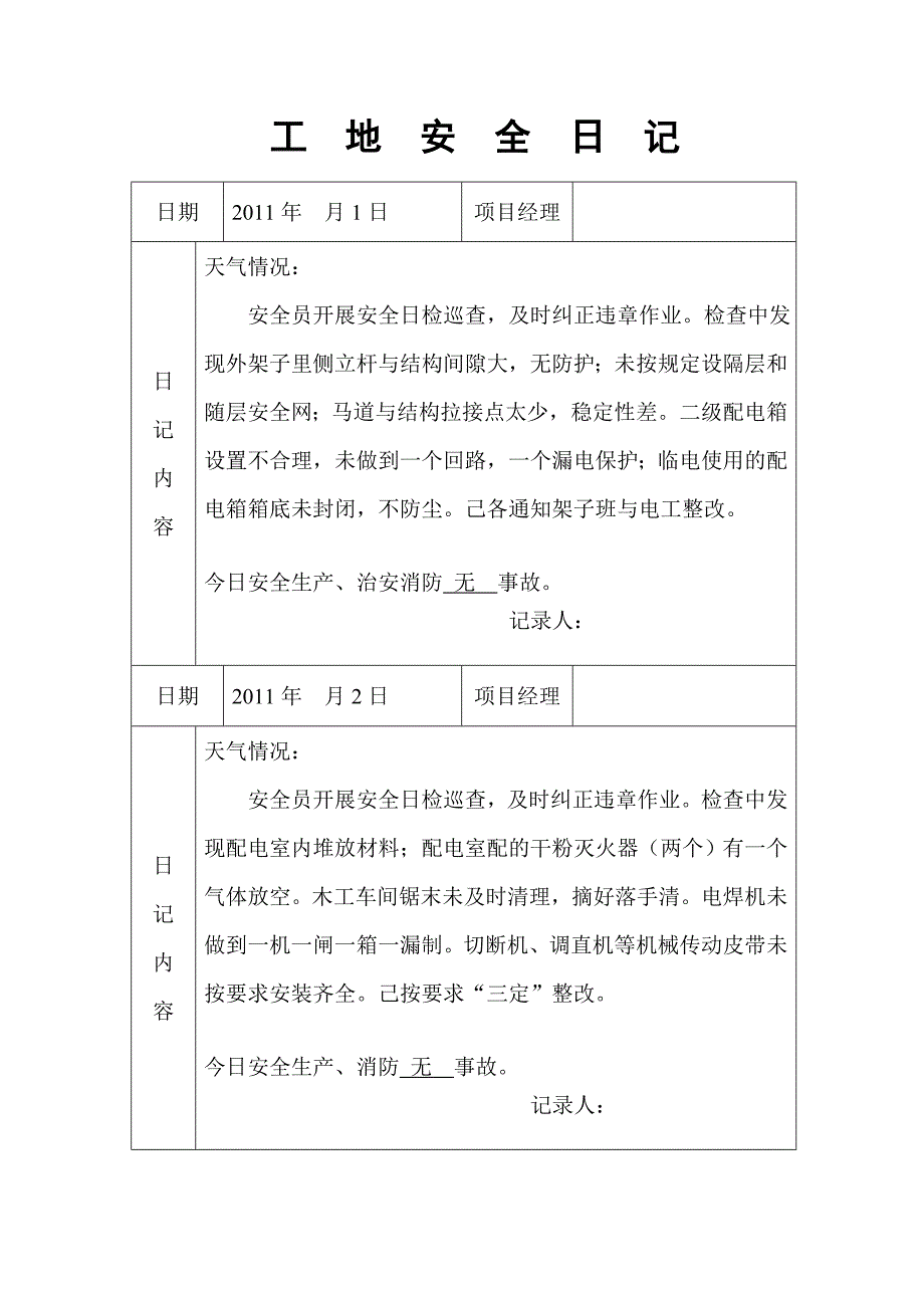 工地安全日记-范例汇总_第1页