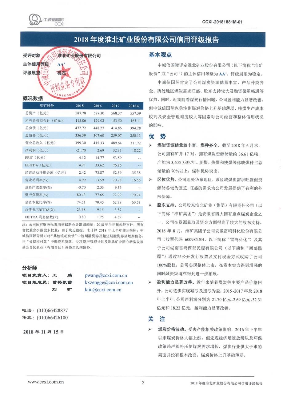 淮北矿业股份有限公司主体信用评级报告及跟踪评级安排_第2页