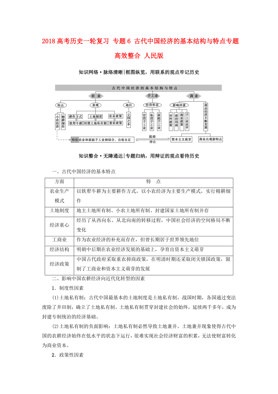 高考历史一轮复习 专题6 古代中国经济的基本结构与特点专题高效整合 人民版_第1页