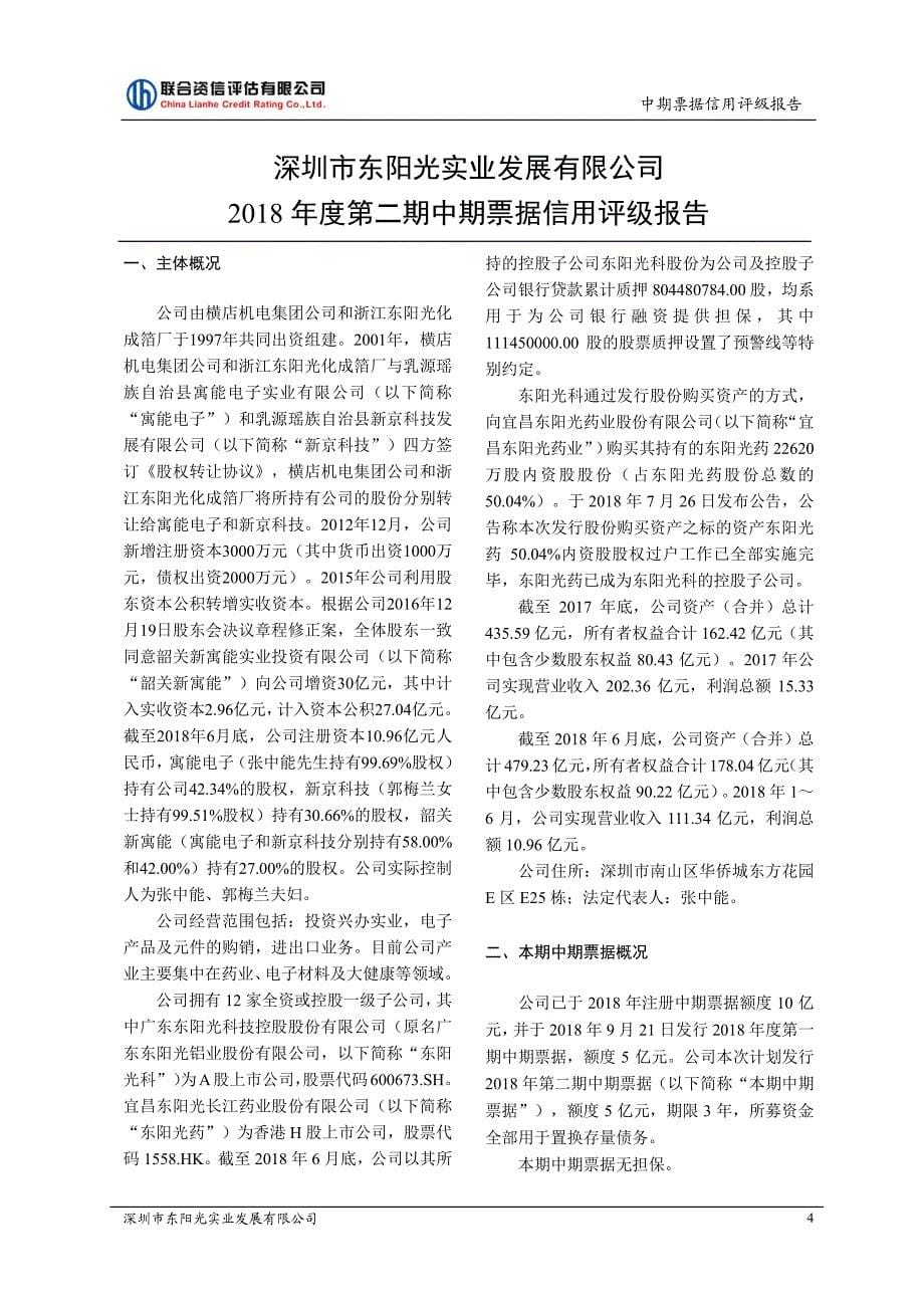 深圳市东阳光实业发展有限公司2018年度第二期中期票据信用评级报告_第5页