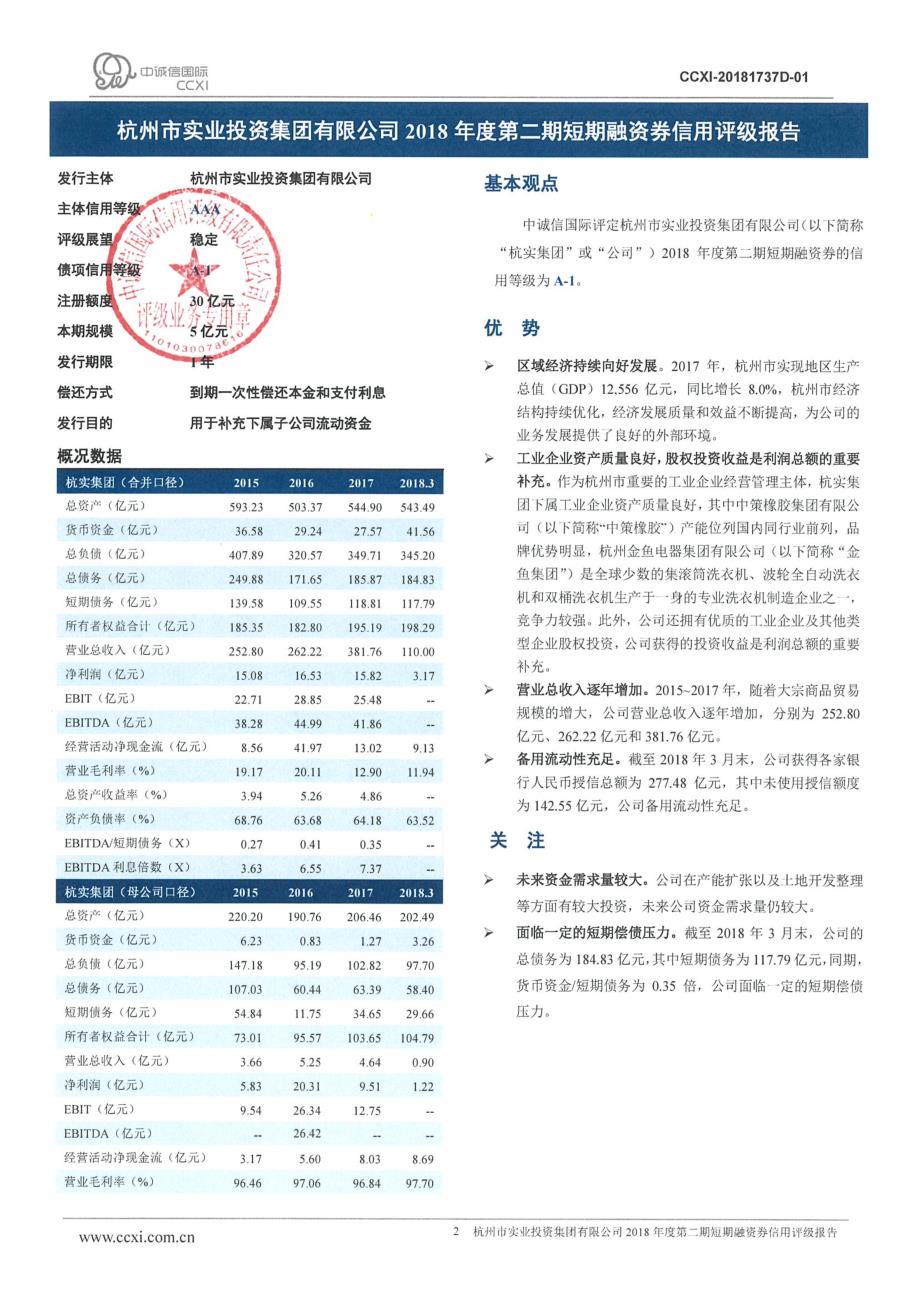 杭州市实业投资集团有限公司2018年度第二期短期融资券信用评级报告_第2页