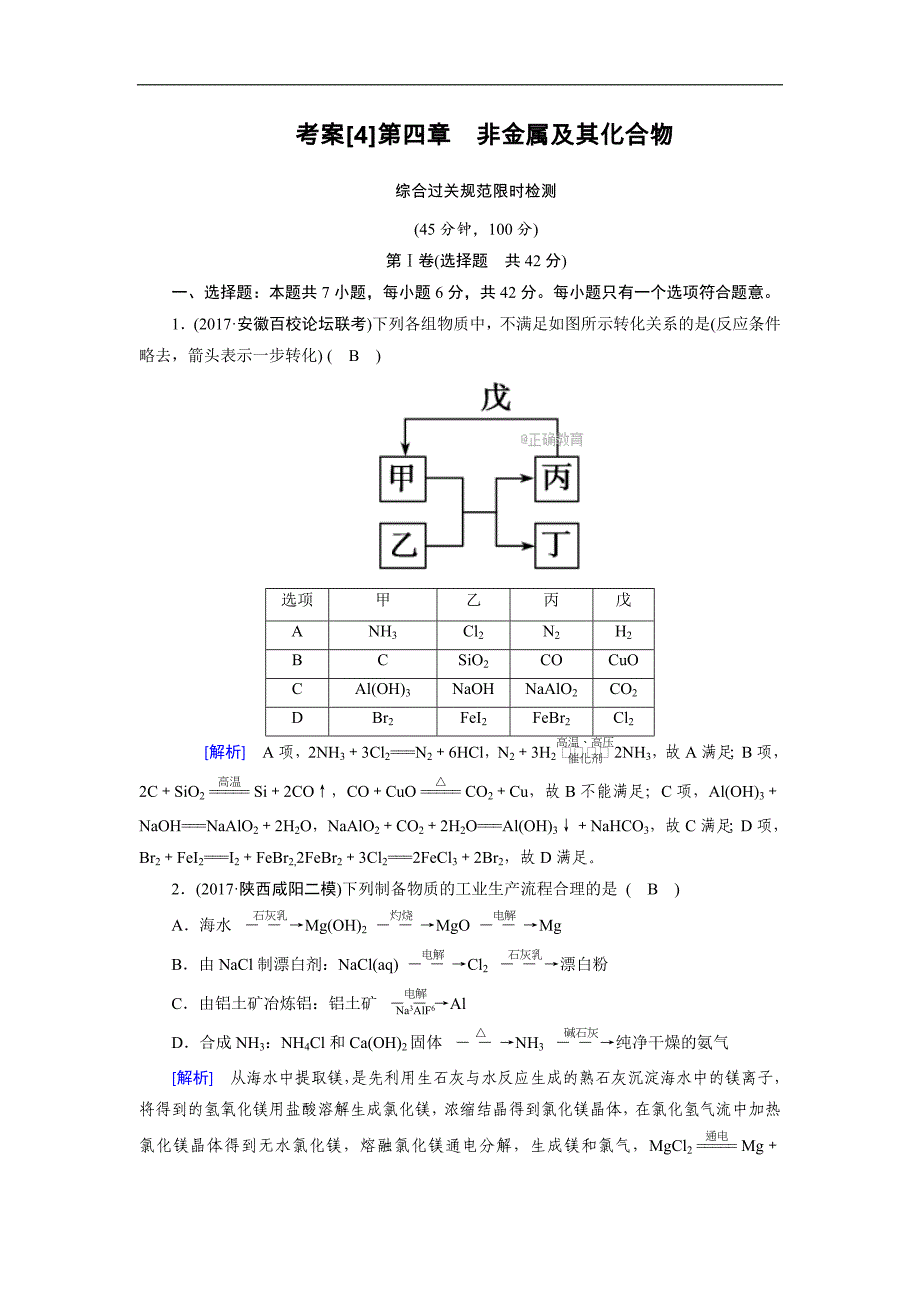 2019届高考化学一轮复习（人教版）考案：4 非金属及其化合物_第1页