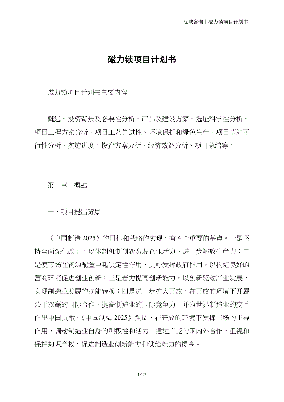 磁力锁项目计划书_第1页