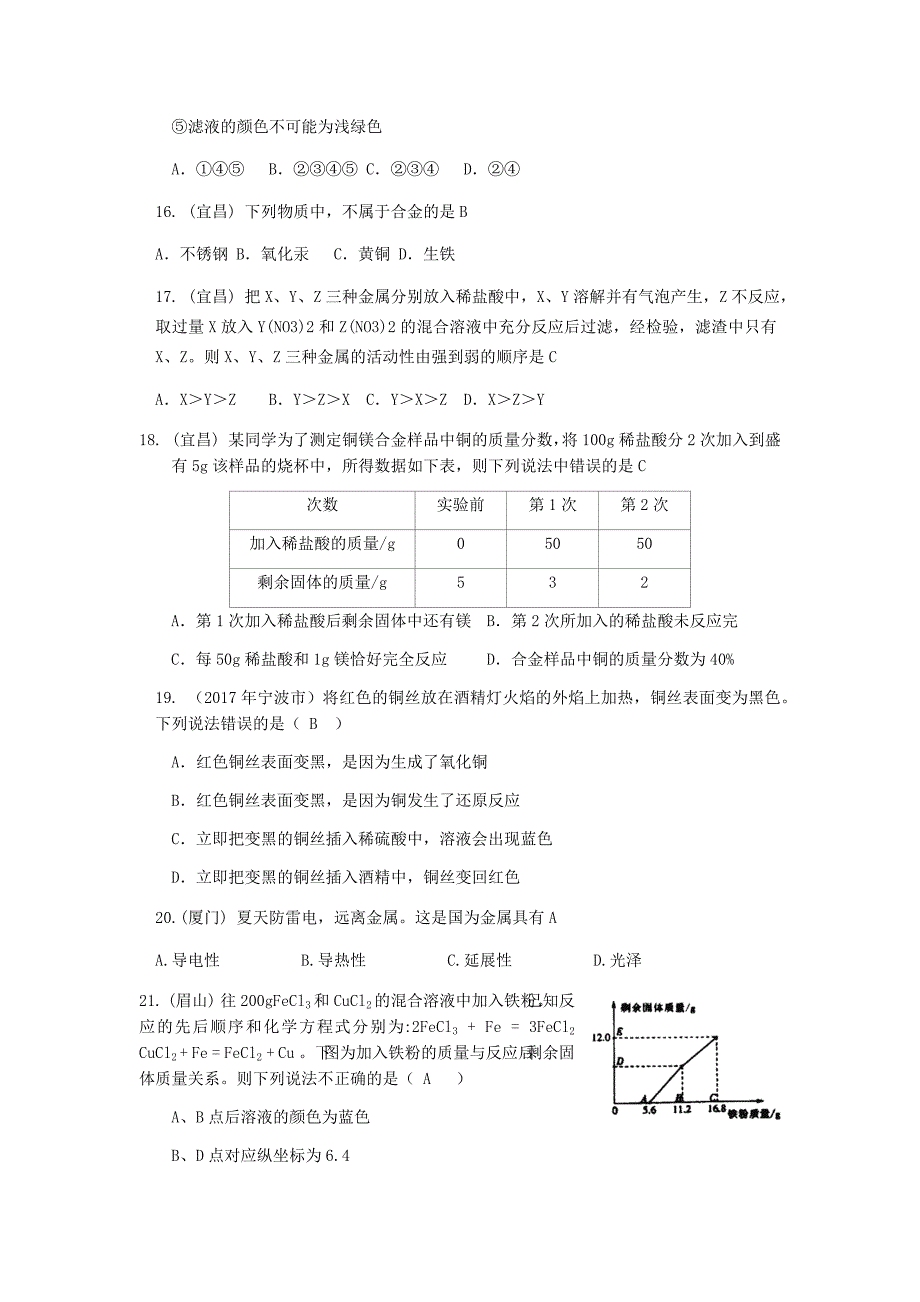 2017年中考化学试题分类汇编——金属和金属材料_第4页