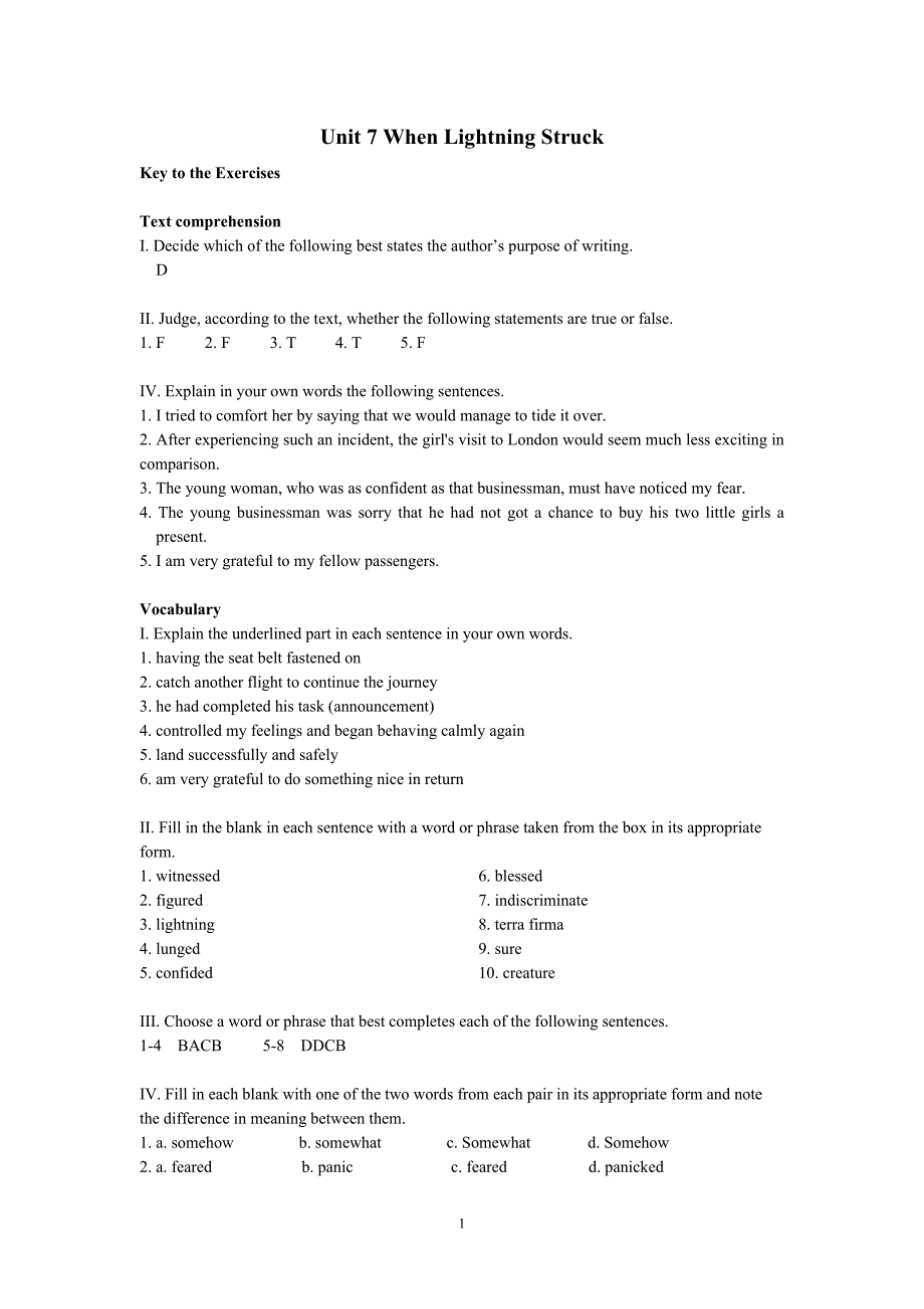 1-unit7-when-lightening-struck答案综合教程一_第1页