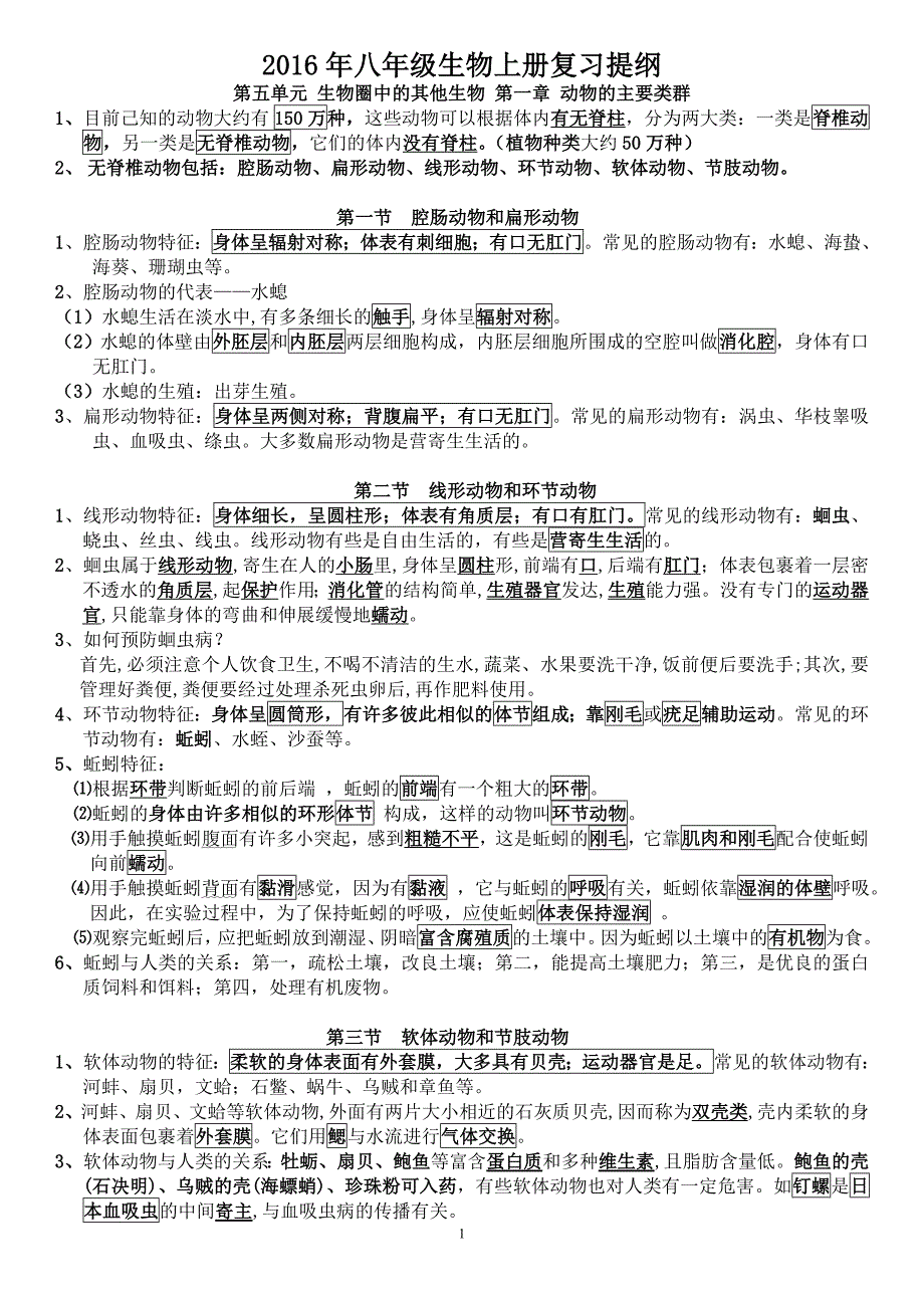 2016年最新版八年级上册生物复习提纲_第1页