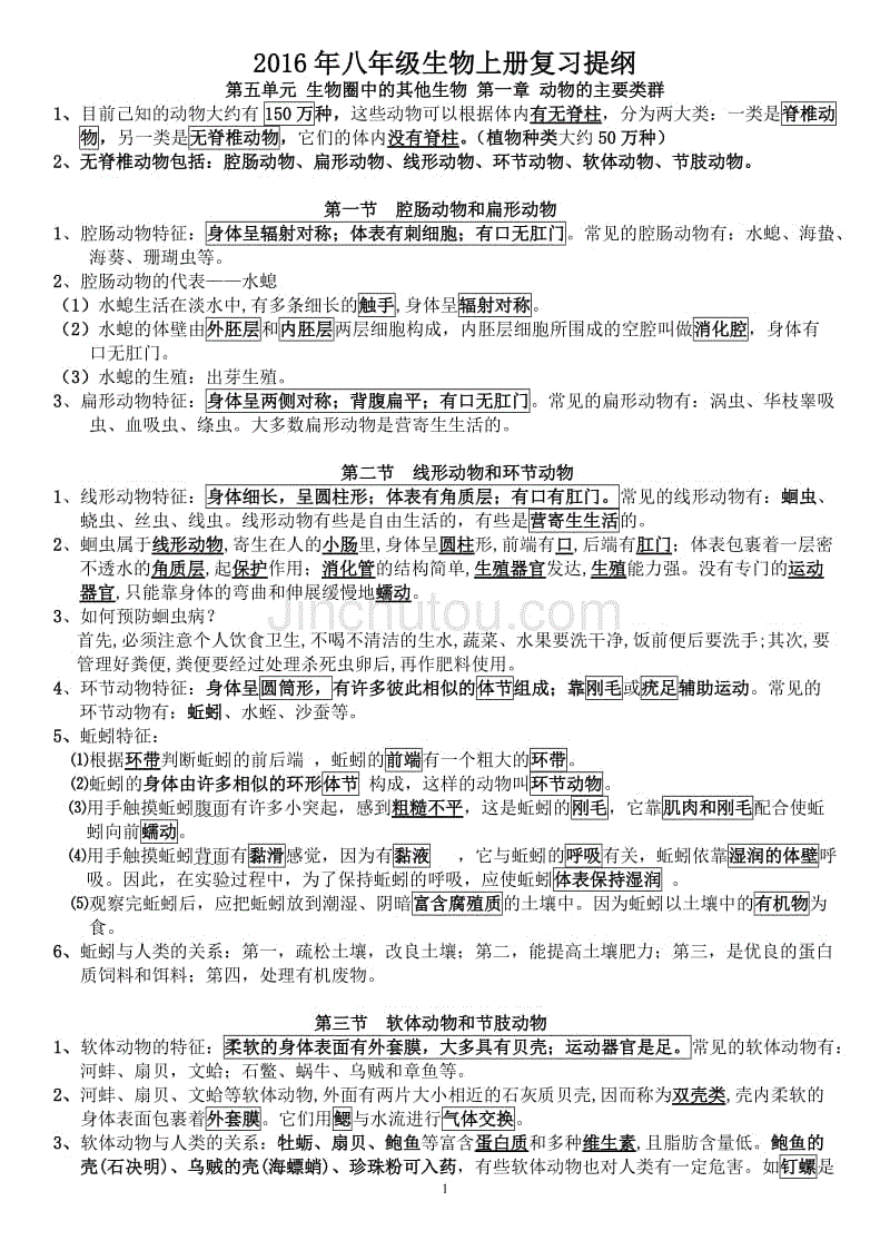 2016年最新版八年级上册生物复习提纲