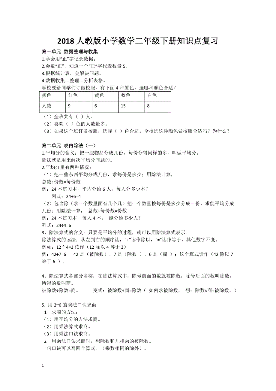 2018年人教版小学数学二年级下册知识点整理版_第1页