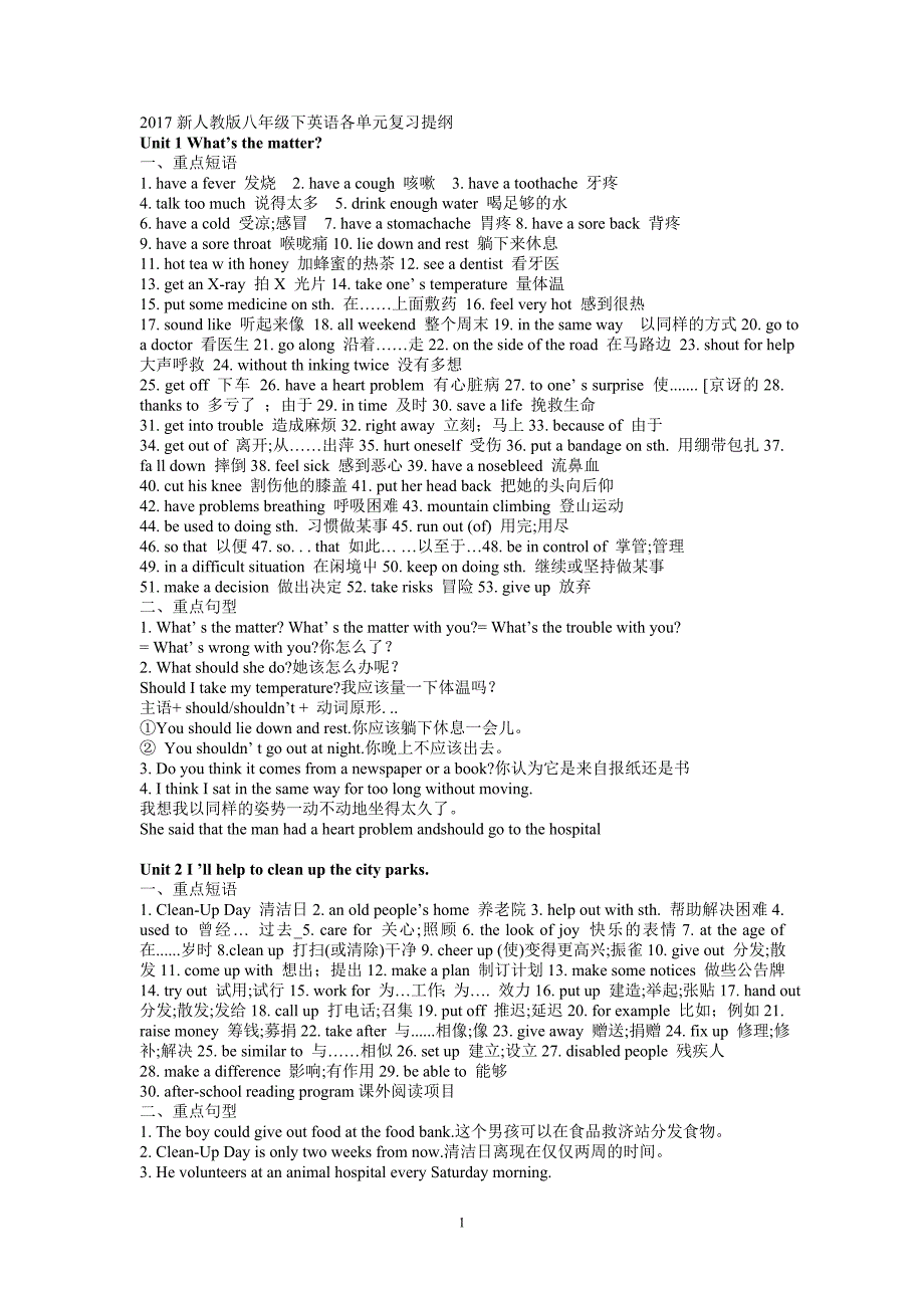 2018新人教版八年级下英语各单元复习提纲_第1页