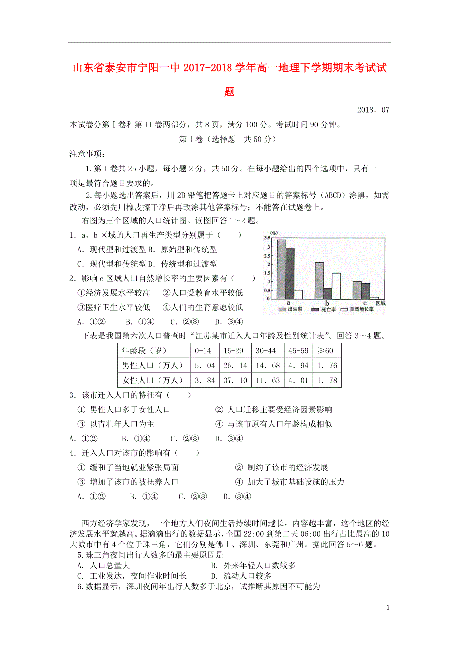 山东省泰安市宁阳一中2017_2018学年高一地理下学期期末考试试题_第1页