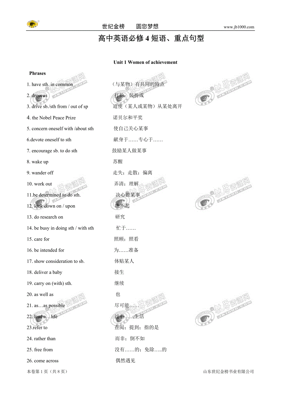 英语：必修4-units1-5短语和重点句型(新人教版)_第1页