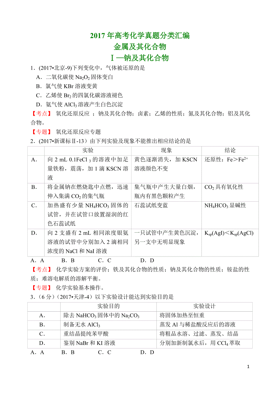 2017高考化学真题分类汇编(13个专题)与5套高考试卷金属与其化合物_第1页