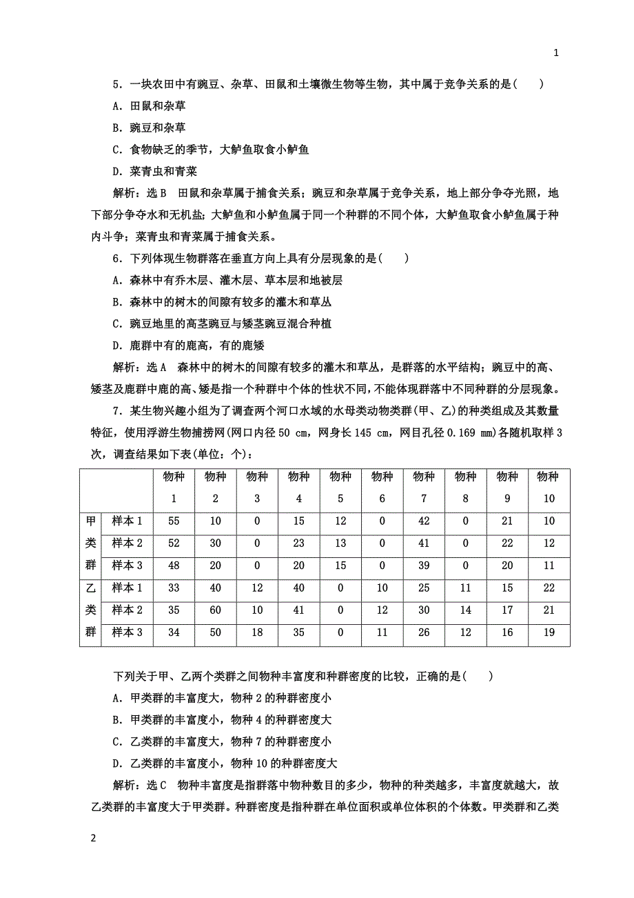 2017-2018学年高中生物人教版必修3课时跟踪检测：（十四） 群落的结构 Word版含答案_第2页