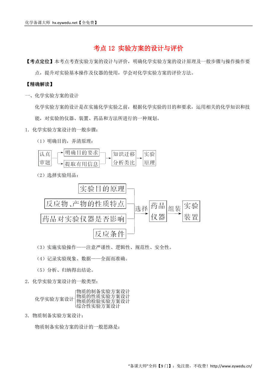 高中化学 最拿分考点系列（必修1）： 考点12 实验方案的设计与评价 新人教版必修1_第1页