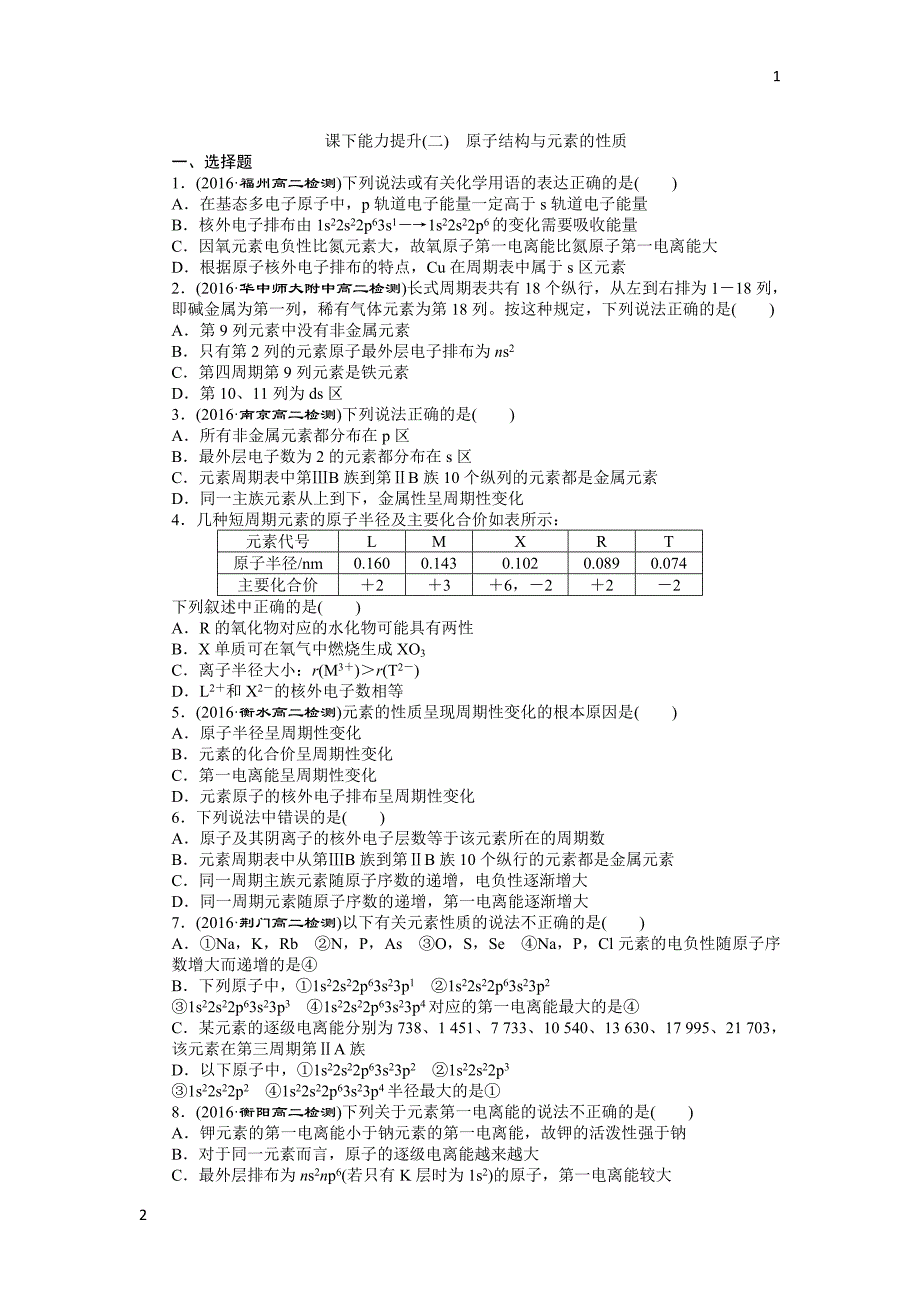 2017-2018学年高二化学人教版选修三课下能力提升：（二）　原子结构与元素的性质 Word版含答案_第1页