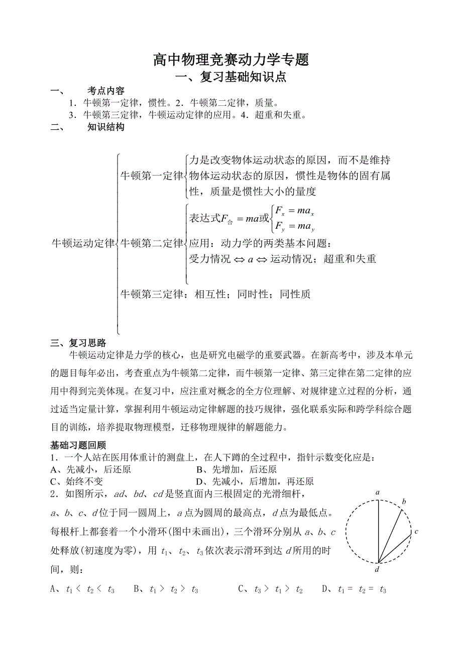 高中物理竞赛及自主招生考试动力学专题_第1页