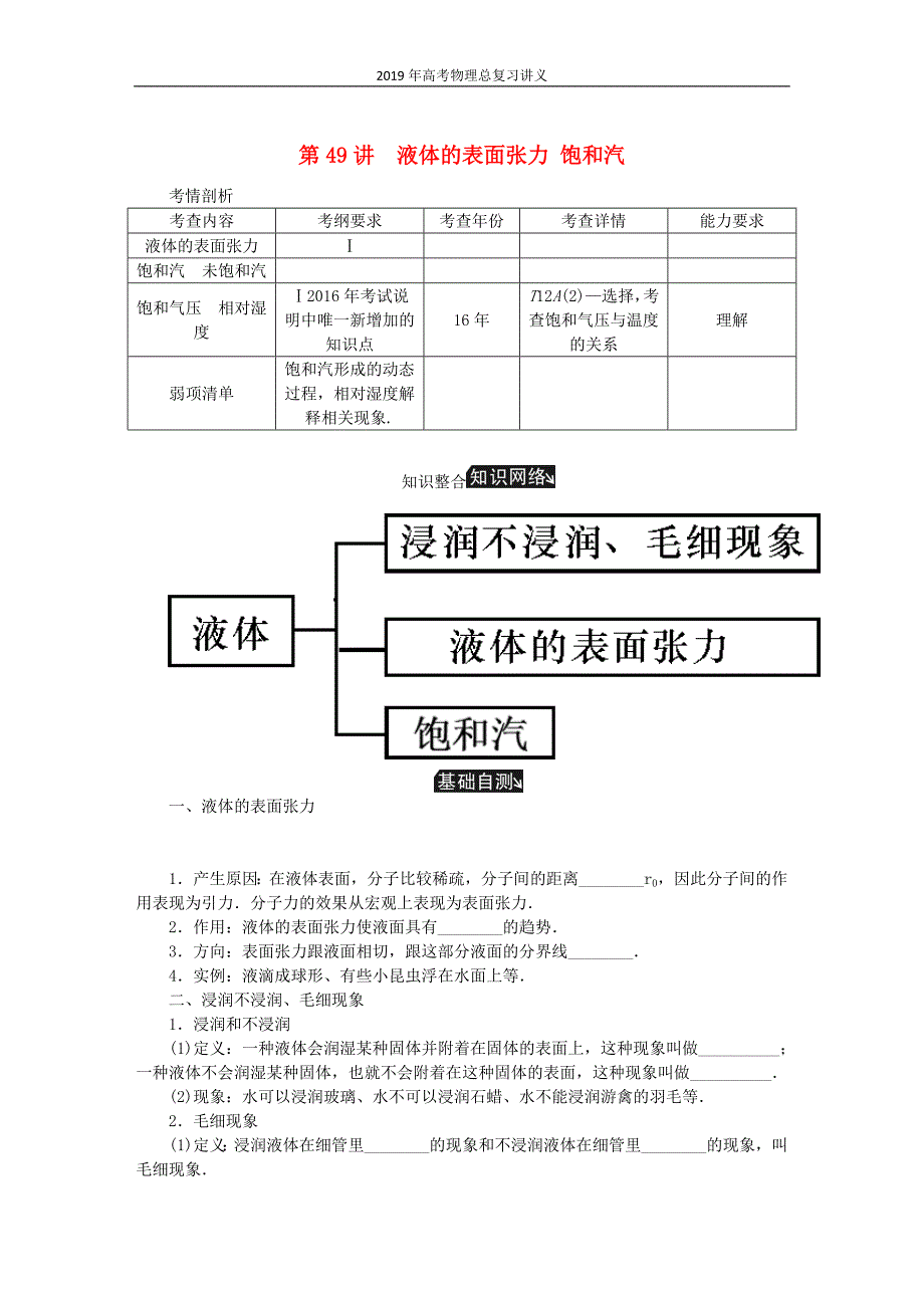 2019年江苏高考物理总复习第49讲液体的表面张力饱和汽讲义_第1页