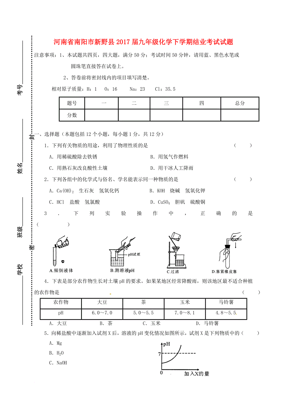 九年级化学下学期结业考试试题_第1页