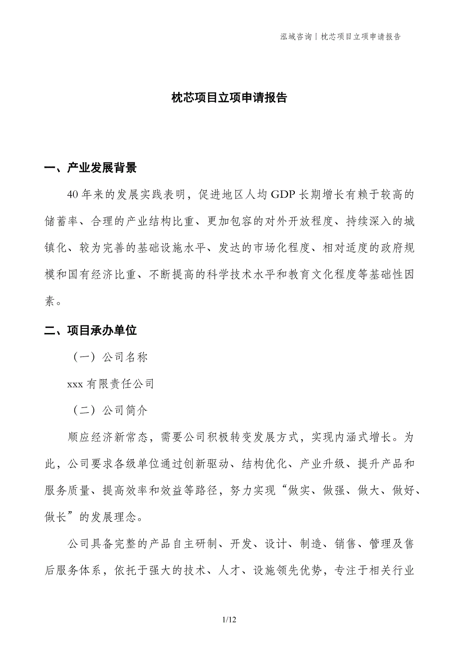 枕芯项目立项申请报告_第1页