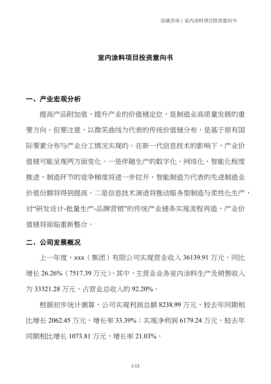 室内涂料项目投资意向书_第1页