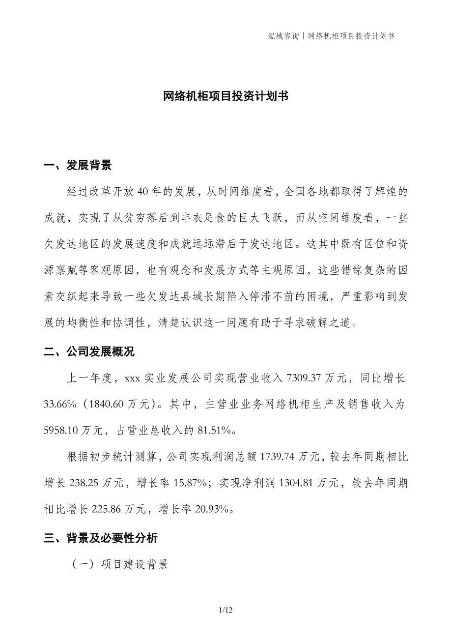 网络机柜项目投资计划书_第1页