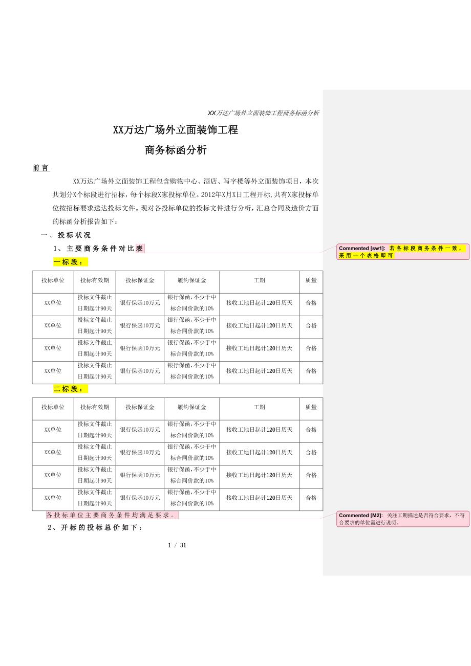 xx万达广场外立面装饰工程标函分析(初稿)模板(一次评标用)_第1页