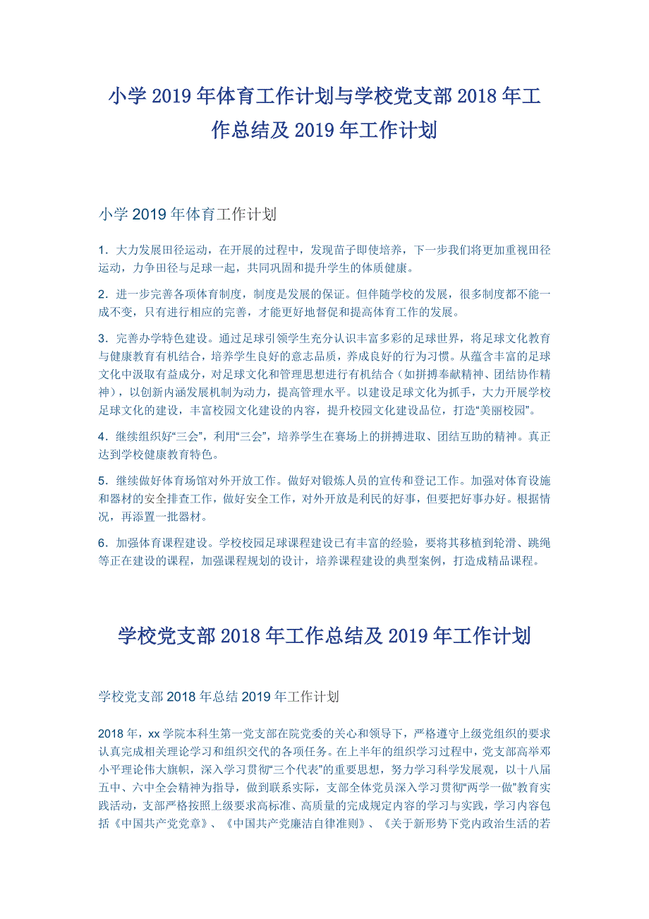 小学2019年体育工作计划与学校党支部2018年工作总结及2019年工作计划_第1页