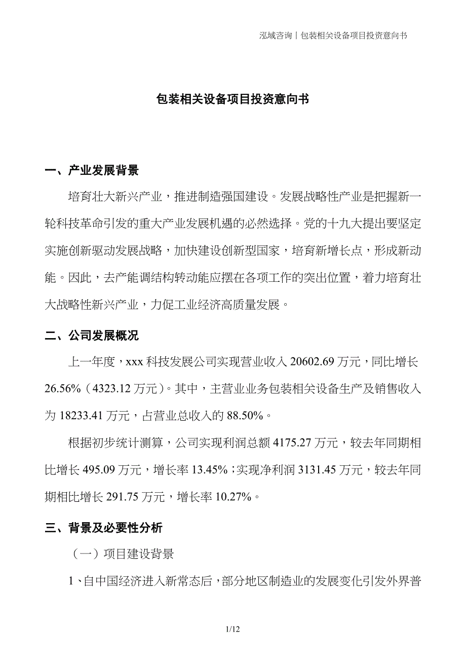 包装相关设备项目投资意向书_第1页