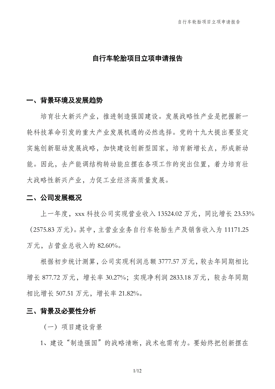 自行车轮胎项目立项申请报告_第1页