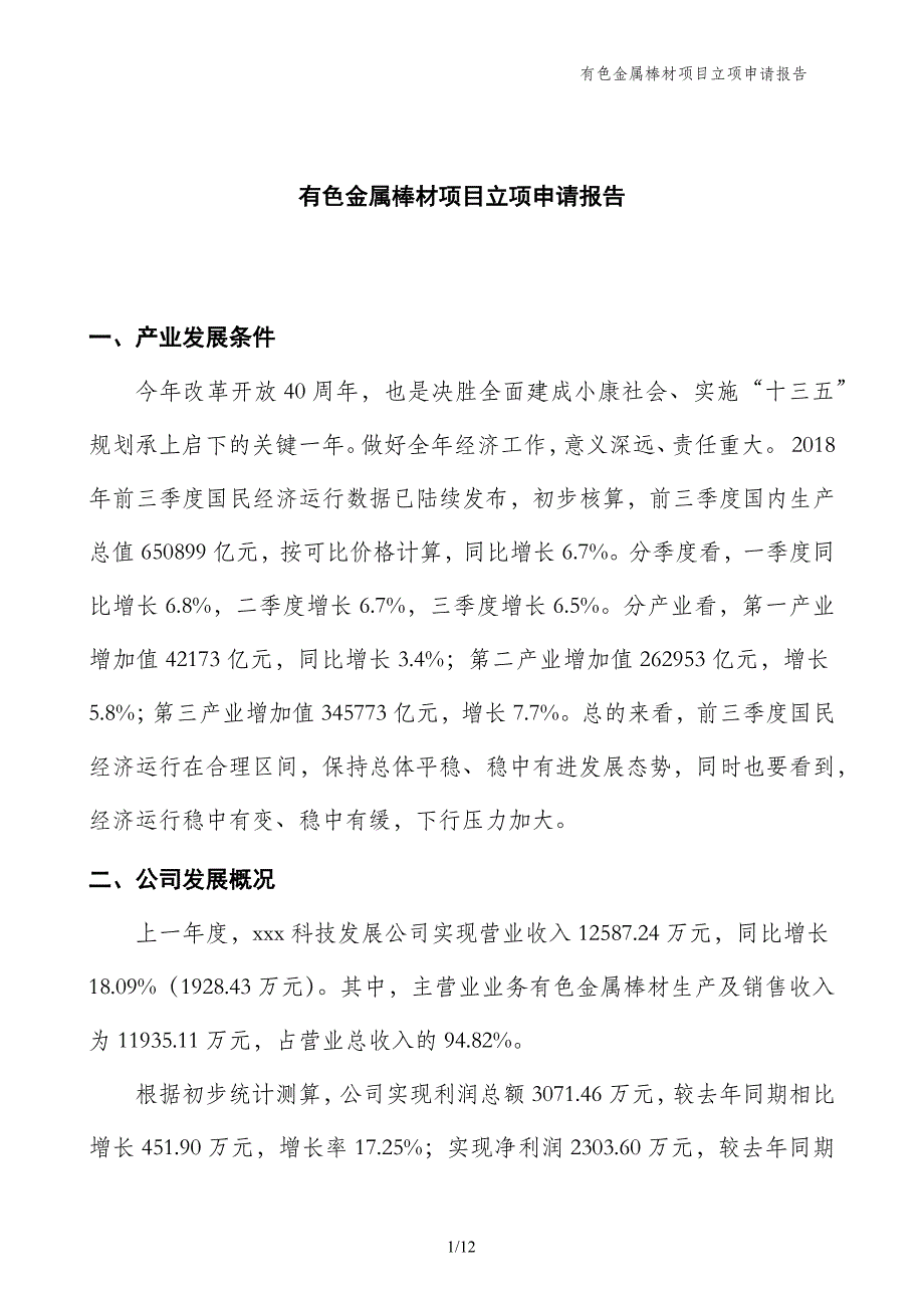 有色金属棒材项目立项申请报告_第1页