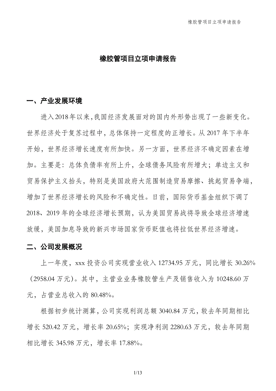 橡胶管项目立项申请报告_第1页