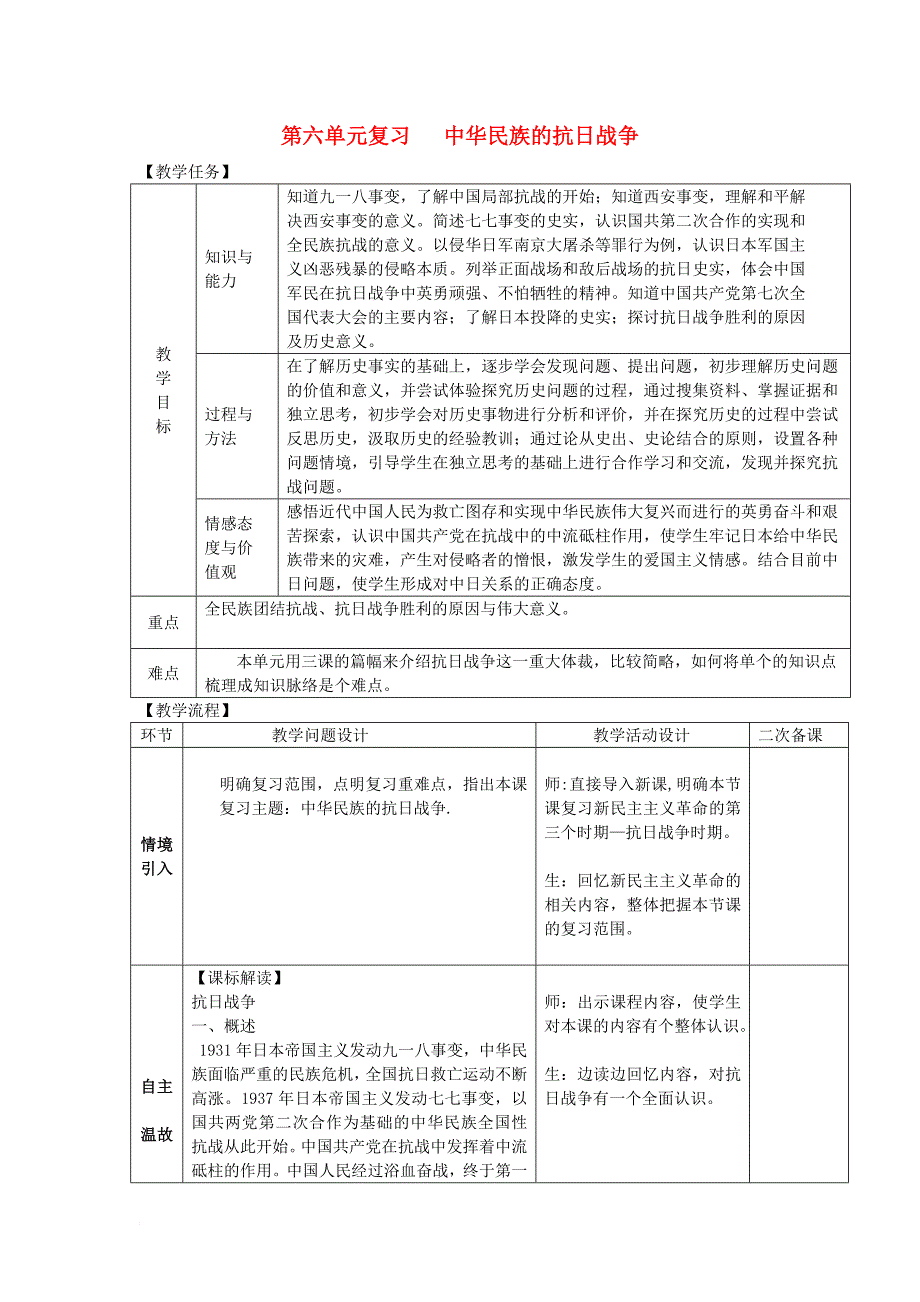 八年级历史上册 第六单元 中华民族的抗日战争复习教案 新人教版_第1页