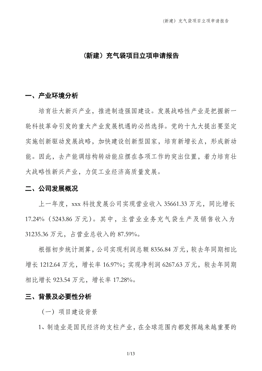 (新建）充气袋项目立项申请报告_第1页