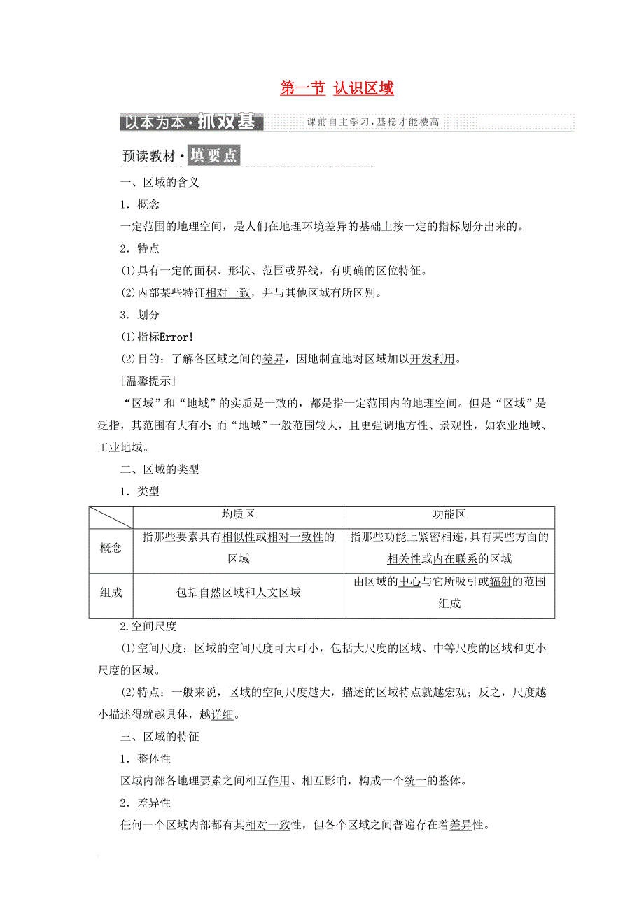 2017_2018学年高中地理第一单元区域地理环境与人类活动第一节认识区域教学案鲁教版必修3_第1页