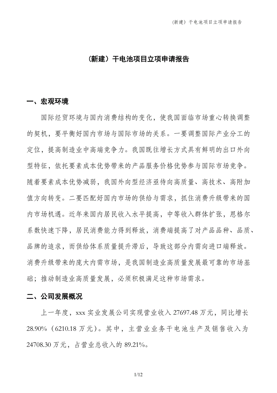 (新建）干电池项目立项申请报告_第1页